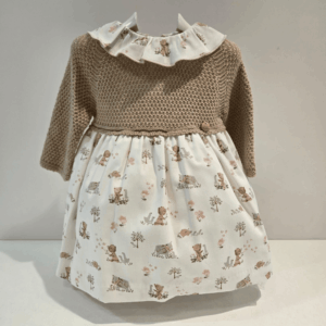 Vestido punto camel tela estampada ositos Pangasa invierno