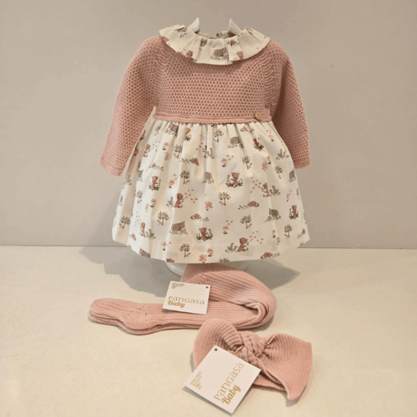 Vestido rosa punto y tela estampado Pangasa invierno