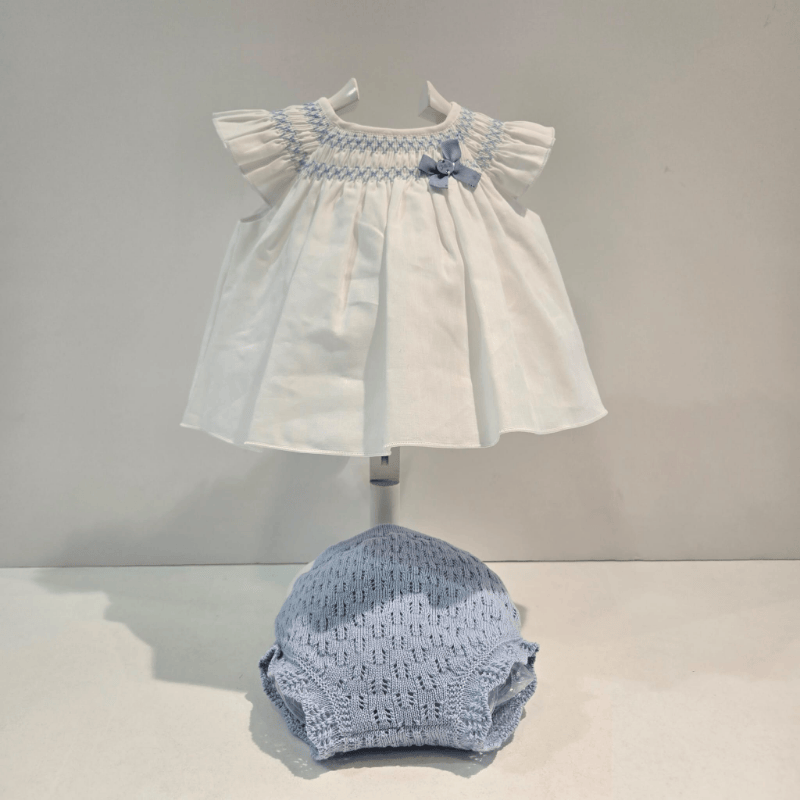 Conjunto azul cielo y blanco vestido corto mas braga verano