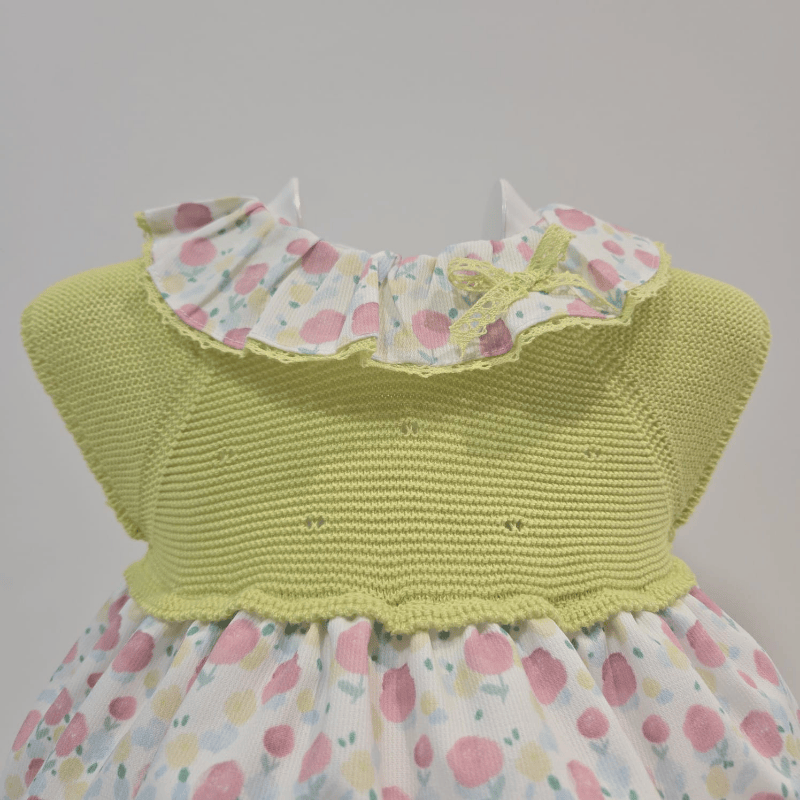 Vestido cuerpo punto falda estampada verde flúor verano