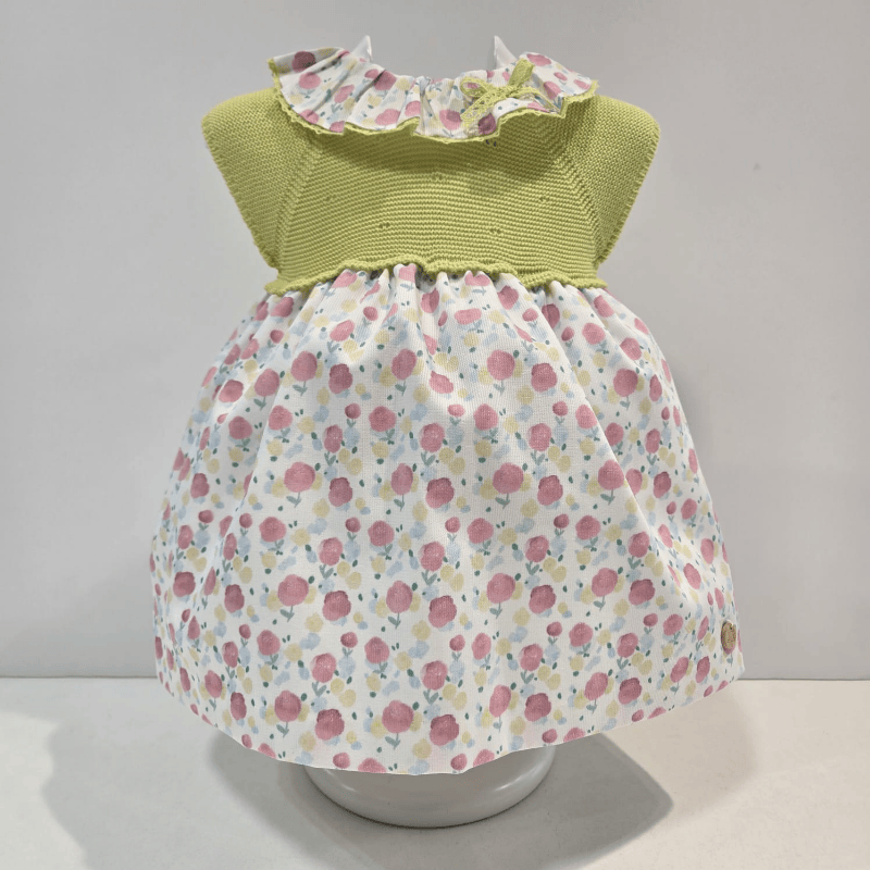 Vestido cuerpo punto falda estampada verde flúor verano
