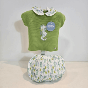 Conjunto jubón punto braga tela estampada caballito verano