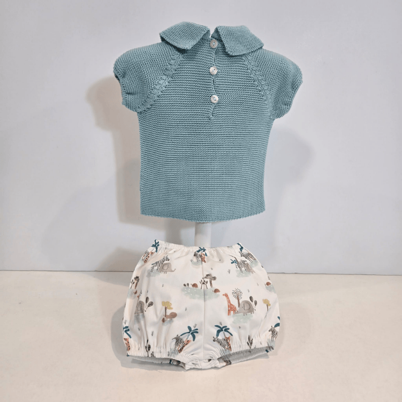 Jubón punto verde agua braga tela estampada safari verano