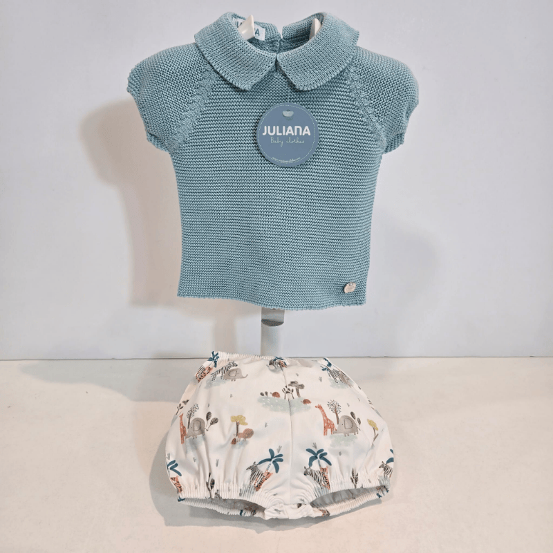 Jubón punto verde agua braga tela estampada safari verano