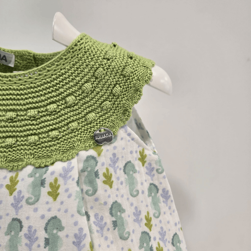 Vestido cuerpo de punto verde lima falda tela caballitos verano