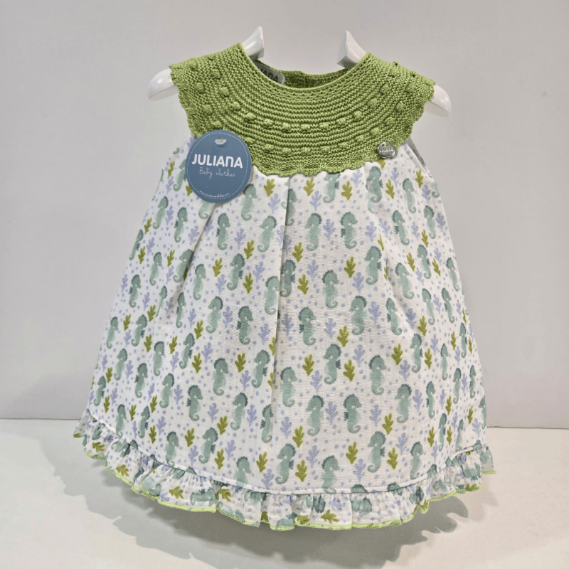 Vestido cuerpo de punto verde lima falda tela caballitos verano