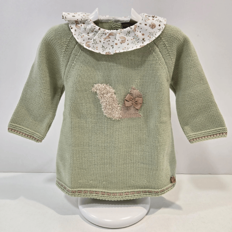 Vestido punto verde salvia cuello tela Ardillas Pangasa invierno