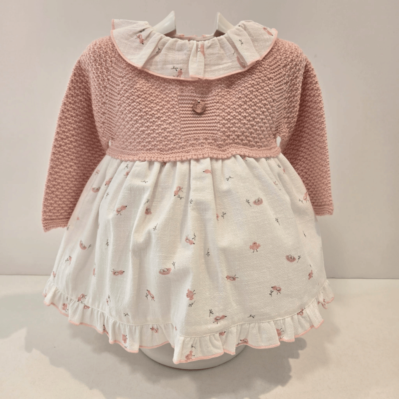 Vestido rosa cuerpo punto falda y cuello tela Pangasa invierno